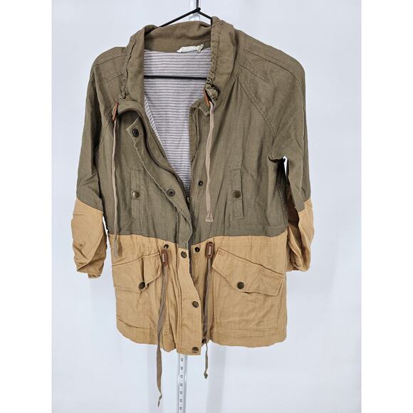 Blu Pepper Womens Sz L Linen Blend Zip Up Safari Style Jacket Beige Olive - Picture 1 of 5
